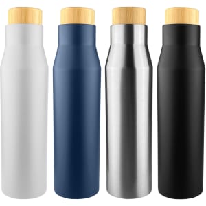 A drink bottle set featuring four colours: white, blue, silver, and black, with bamboo lids and a sleek design.