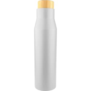 A drink bottle in a matte grey finish with a bamboo lid. It features a sleek, modern design and has a logo.