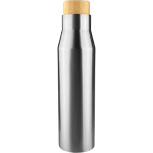 A drink bottle with a sleek stainless steel body and a natural bamboo cap. It features a logo on the surface.