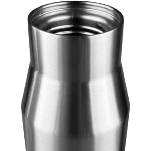 A drink bottle made of stainless steel with a smooth, polished finish and a wide mouth opening. It features a logo.