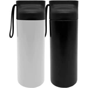 A drink bottle set featuring a white and a black bottle, each with a sleek design and a carrying strap.