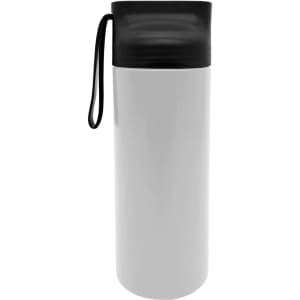A drink bottle in white with a black lid and strap, featuring a logo.
