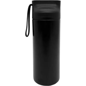 A drink bottle in sleek black with a removable lid and a convenient carrying strap. Features a logo.