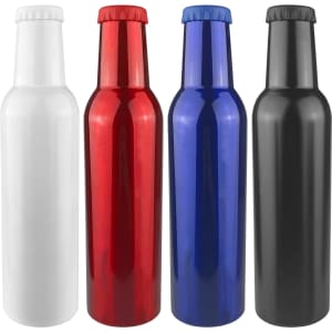 A drink bottle set featuring four colours: white, red, blue, and black, with each bottle having a capped top and a sleek design.