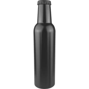 A drink bottle in matte black with a screw-top lid and a minimalist design. It features a logo on the body.