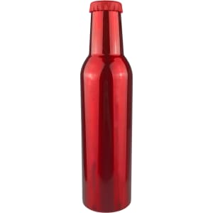 A drink bottle in a sleek, shiny red finish with a matching cap and a logo.