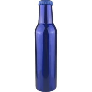 A drink bottle in a shiny blue finish with a blue cap and a sleek, cylindrical shape. Features a logo.