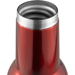 A red drink bottle with a stainless steel rim at the opening, featuring a smooth, shiny finish.