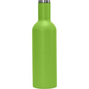 A drink bottle in vibrant green with a stainless steel lid and a smooth matte finish, featuring a logo.