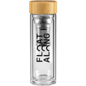 A drink bottle featuring a clear glass body, a bamboo lid, and a metal infuser. It has a logo on the side.