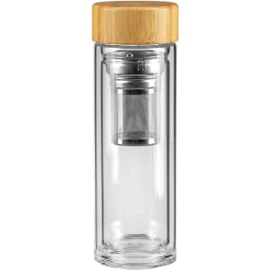 A drink bottle made of clear glass with a bamboo lid and a stainless steel infuser.