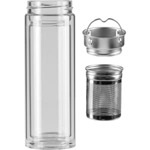 A drink bottle featuring a clear glass body, with a metal infuser and strainer included. It has a sleek design.