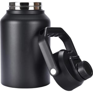 A drink bottle in matte black with a metallic cap and a sturdy handle, featuring a removable lid and a spout.