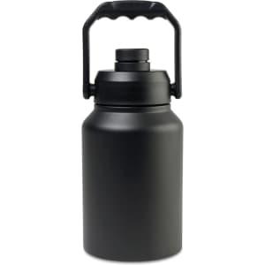 A drink bottle in matte black with a handle and a secure lid. The design features a simple, rounded shape.