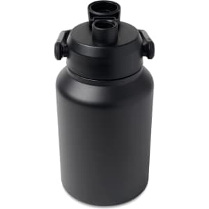 A drink bottle in matte black with two openings and a secure closure. It features a logo on the body.