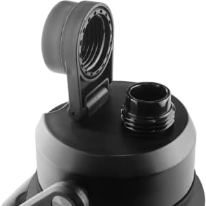 A drink bottle in black featuring a screw-top lid and a wide opening, with a logo on the side.