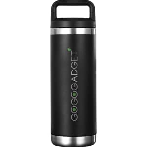 A drink bottle in sleek black with a stainless steel base and a handle, featuring a logo.