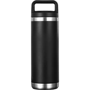 A drink bottle in black with a stainless steel base and a handle, featuring a simple design and a logo.