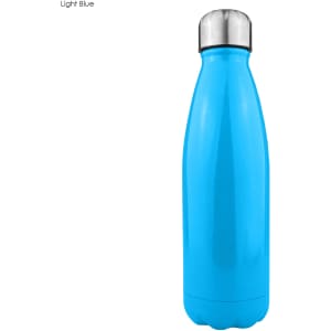 A drink bottle in light blue, made of shiny stainless steel with a silver lid and a logo on the side.