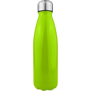A drink bottle in bright green stainless steel with a shiny silver lid and a branding logo.