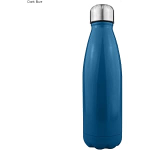 A drink bottle in dark blue stainless steel with a shiny silver lid and a sleek, single-wall design.