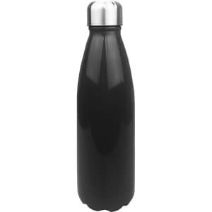 A drink bottle in shiny black stainless steel with a metal cap and an integrated logo.