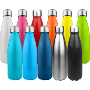A drink bottle collection featuring shiny stainless steel and colourful single-wall designs, including blue, pink, red, and yellow.
