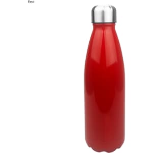 A drink bottle in shiny red stainless steel with a silver screw-on lid and a smooth finish.