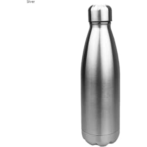 A stainless steel drink bottle with a shiny silver finish and a rounded cap, featuring a logo.