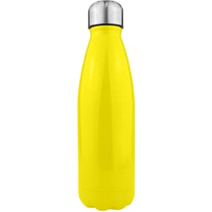 A drink bottle in vibrant yellow stainless steel with a silver screw-on lid and a sleek, single wall design.