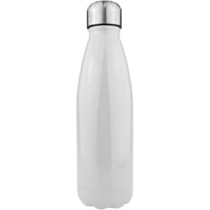 A drink bottle in white stainless steel with a shiny silver cap and a sleek, streamlined design.