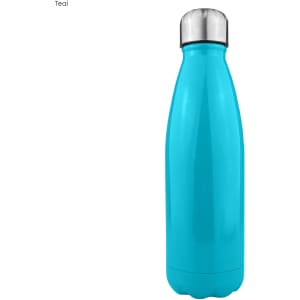 A drink bottle in a shiny teal finish with a stainless steel cap and a smooth, single-wall design.