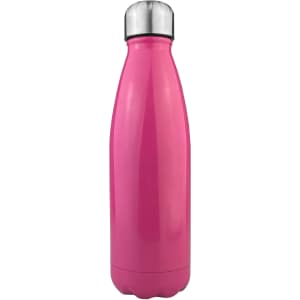 A drink bottle in shiny pink stainless steel with a silver cap and a sleek design. Features a logo.