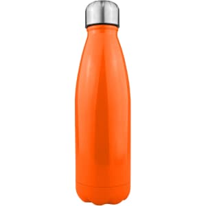 A drink bottle in vibrant orange with a shiny stainless steel cap and a sleek, single-wall design. It features a logo.