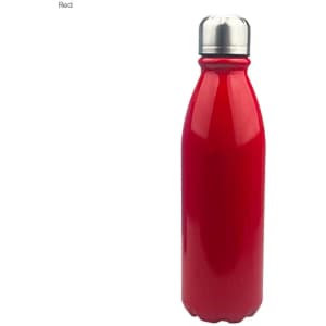 A red aluminium drink bottle with a shiny finish and a silver screw-on lid. It features a logo.