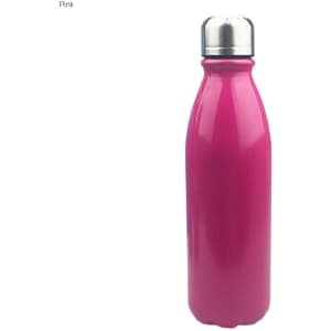 A pink aluminium drink bottle with a silver lid and a sleek, shiny finish. It features a logo on the side.
