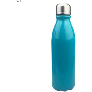 A teal drink bottle with a shiny stainless steel cap and a sleek single-wall design. It features a logo.