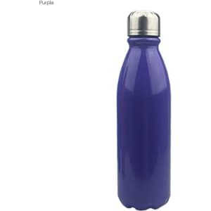 A shiny purple aluminium drink bottle with a stainless steel cap, featuring a logo.