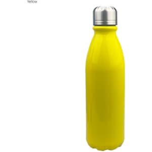 A yellow aluminium drink bottle with a silver cap and a sleek, glossy finish. Features a logo on the side.