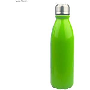 A drink bottle in lime green with a shiny aluminium finish and a silver cap, featuring a logo.