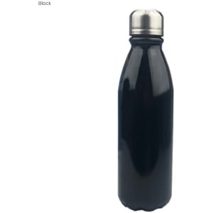 A drink bottle in shiny black aluminium with a stainless steel screw top and a logo.