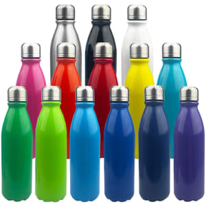 A drink bottle collection featuring shiny aluminium bottles in various colours, each with a silver cap and some with branding.