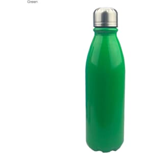 A green aluminium drink bottle with a shiny silver lid, featuring a logo on the side.