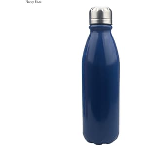A drink bottle in navy blue with a shiny aluminium finish and a stainless steel lid, featuring a branding logo.
