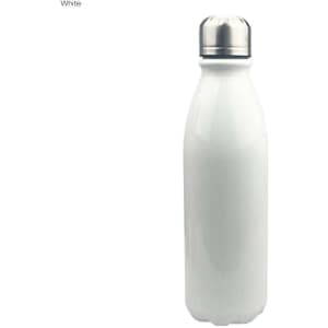 A drink bottle in white aluminium with a stainless steel cap and a smooth surface. It features a logo.