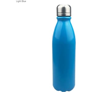 A drink bottle in light blue with a shiny aluminium finish and a stainless steel cap. It features a logo.