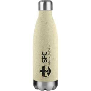 A drink bottle in light beige with a stainless steel cap and a logo printed on the front.