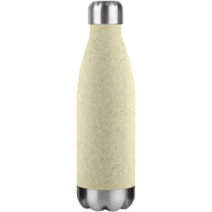 A drink bottle in a light beige colour made from wheat straw, featuring a stainless steel base and a silver lid.