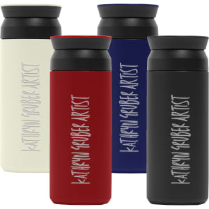 A drink bottle set featuring four colours: white, red, navy blue, and black, each with a logo.
