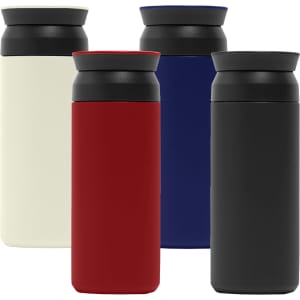 A drink bottle collection featuring white, red, navy, and black colours, each with a black lid and branding.